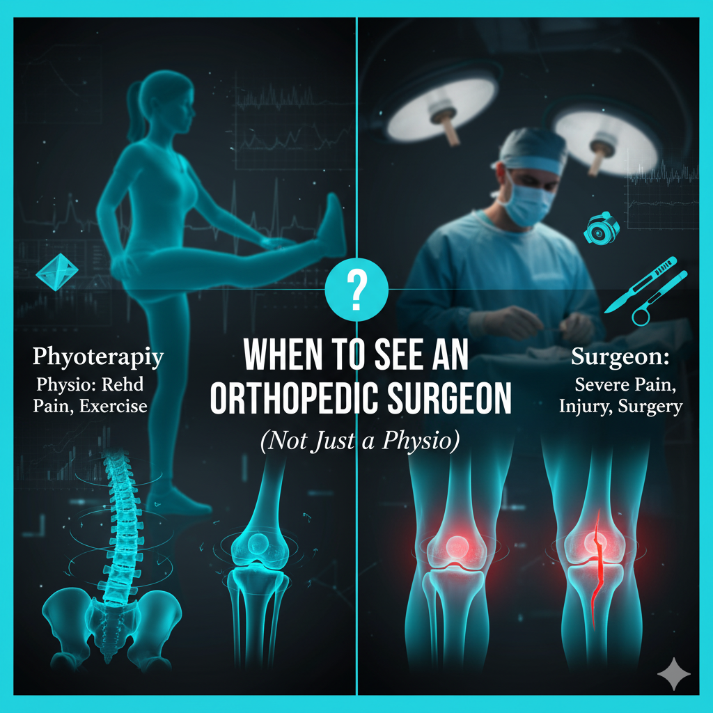 Visual guide on when to see an orthopedic surgeon vs a physiotherapist for joint pain